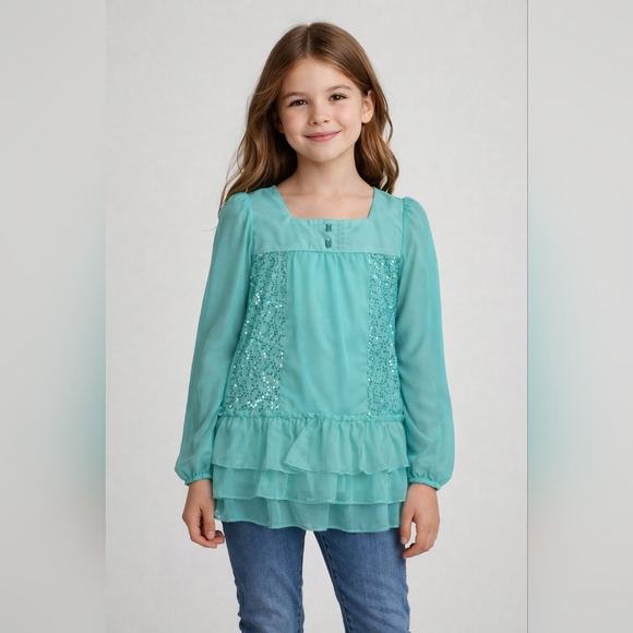 Jona Michelle Other - Jona Michelle Girls Teal Sequin Ruffle Long Sleeve Top Size 10